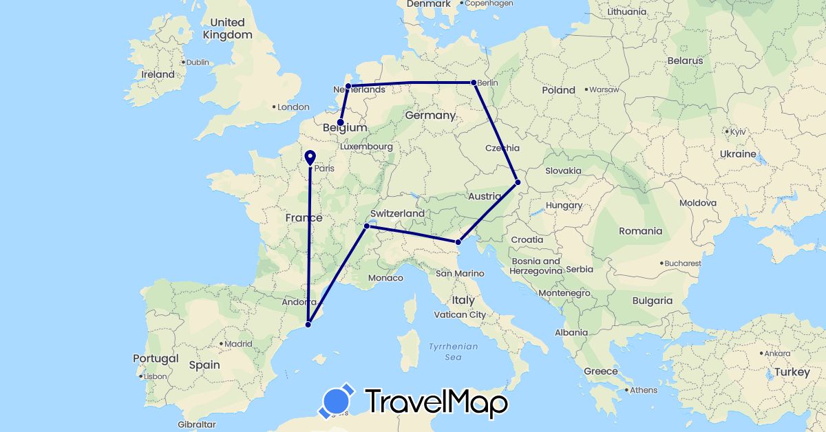 TravelMap itinerary: driving in Austria, Belgium, Switzerland, Germany, Spain, France, Italy, Netherlands (Europe)